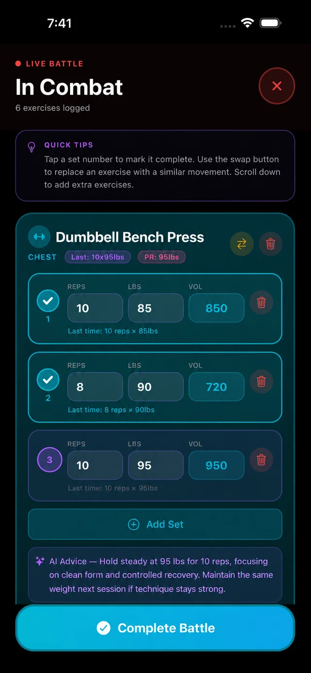Actual Revenge Arc Workout interface. Displayed records are example data.
